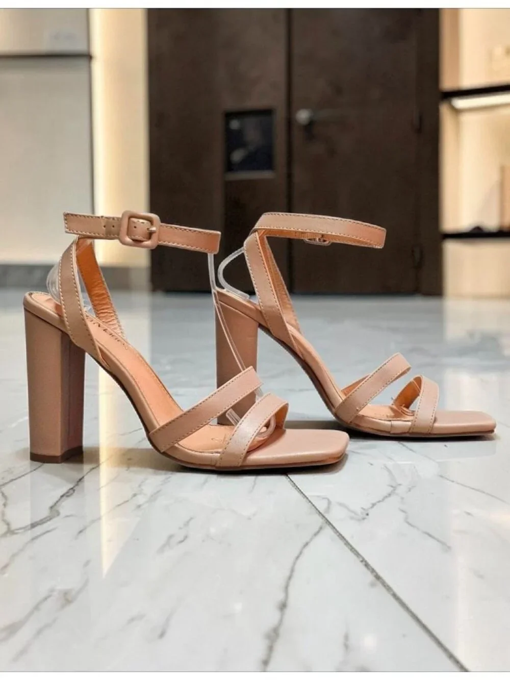 Strappy Nude Block Heel Sandals With Adjustable Ankle Strap - Elegant Design For